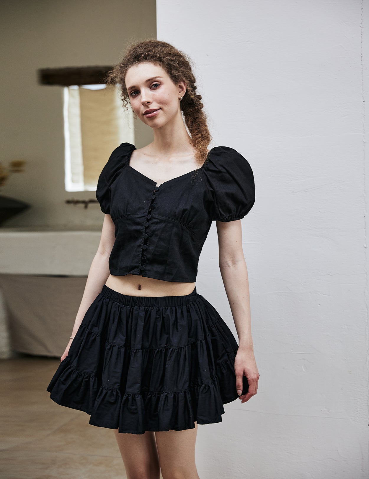 women's vintage cotton tiered skort worn with casual top