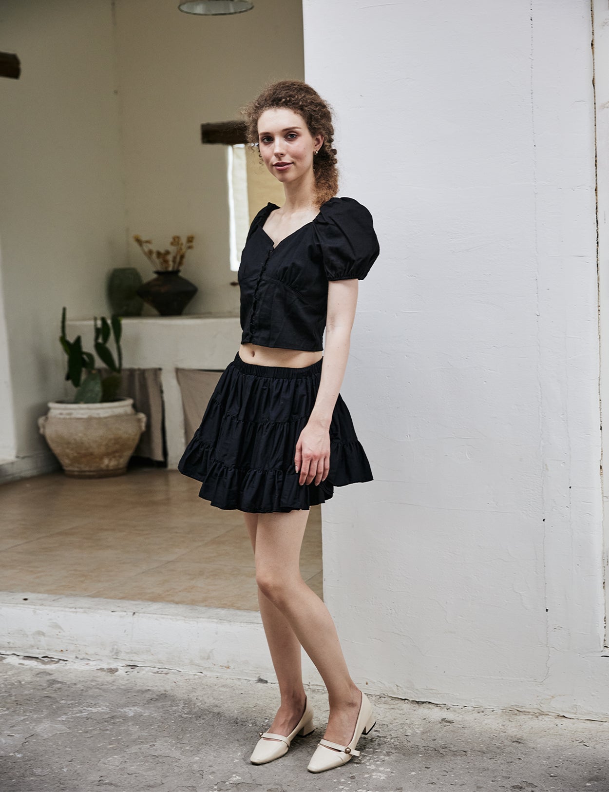 women's vintage cotton tiered skort worn with casual top