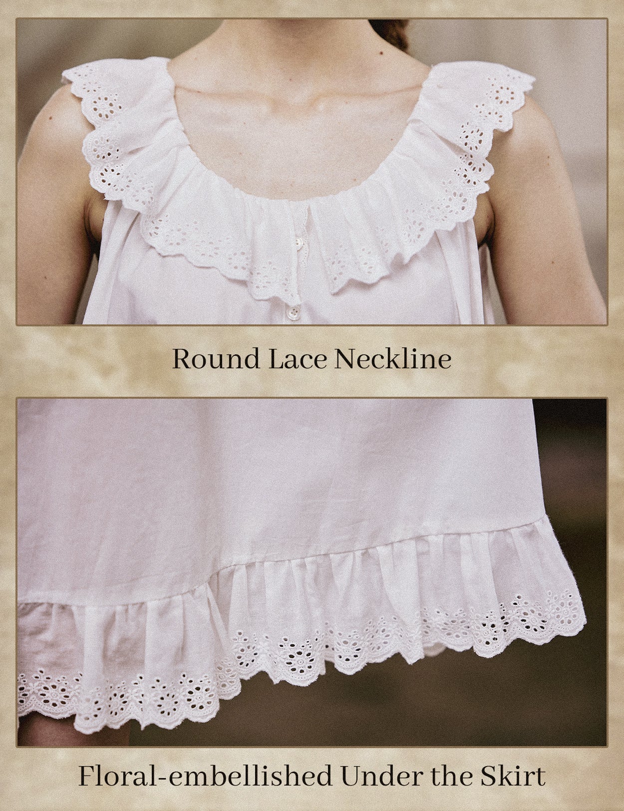Close-up details of the round lace neckline and floral-embellished ruffled hem of the cotton sleep dress.