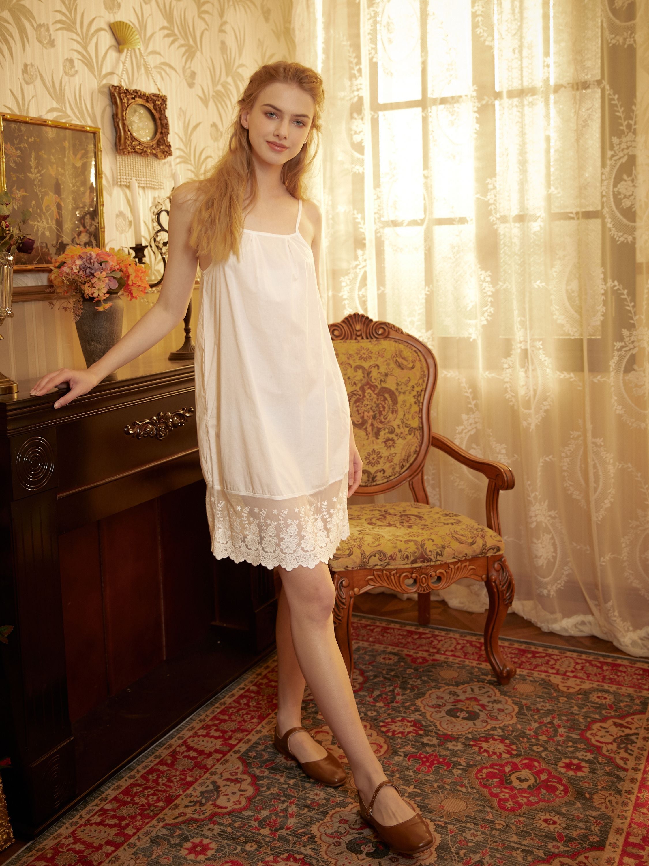 Full Cotton Slip Dress Victorian Petticoat with Vine Lace Hem
