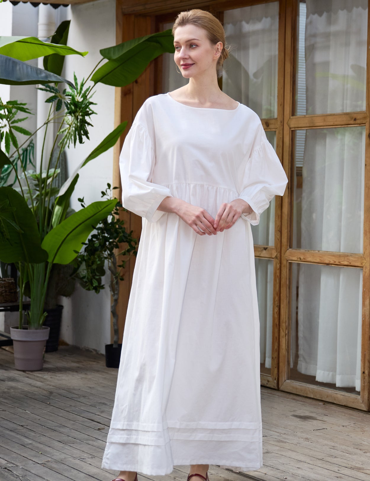 BEAUTELICATE Robe De Nuit Longue en Pur Coton Chemise De Nuit à Manches 3/4 Victorienne Vintage Retro A-Line Ample Renaissance Médiévale Costume Ivoire pour Femme Fille, S