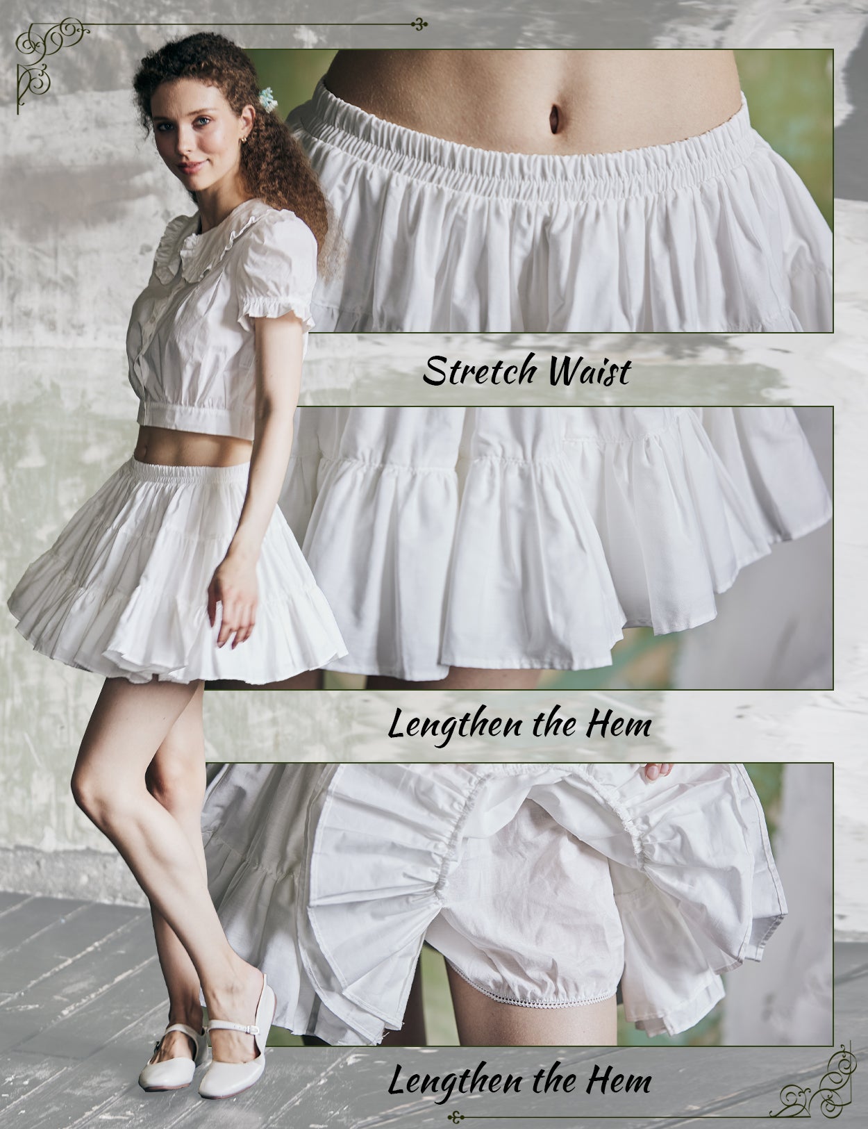 Close-up detail of vintage cotton tiered skort fabric texture and ruffle construction