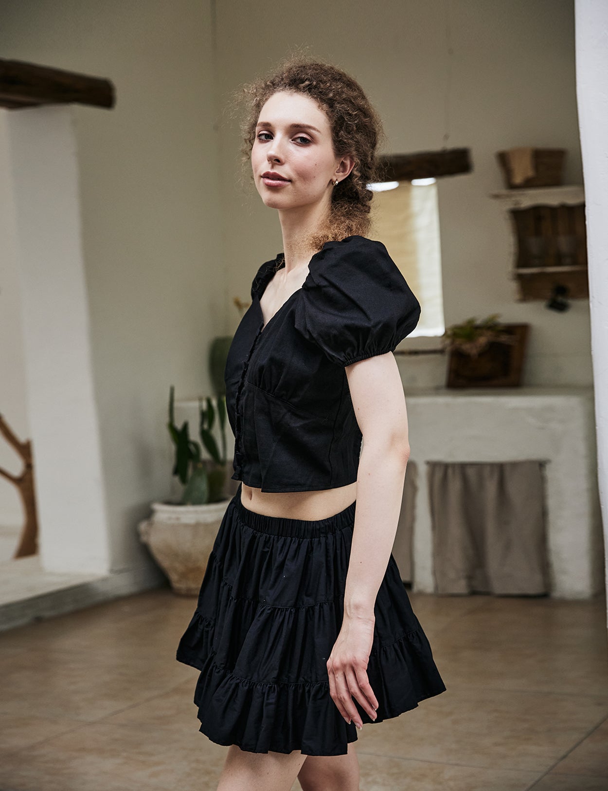 women's vintage cotton tiered skort worn with casual top