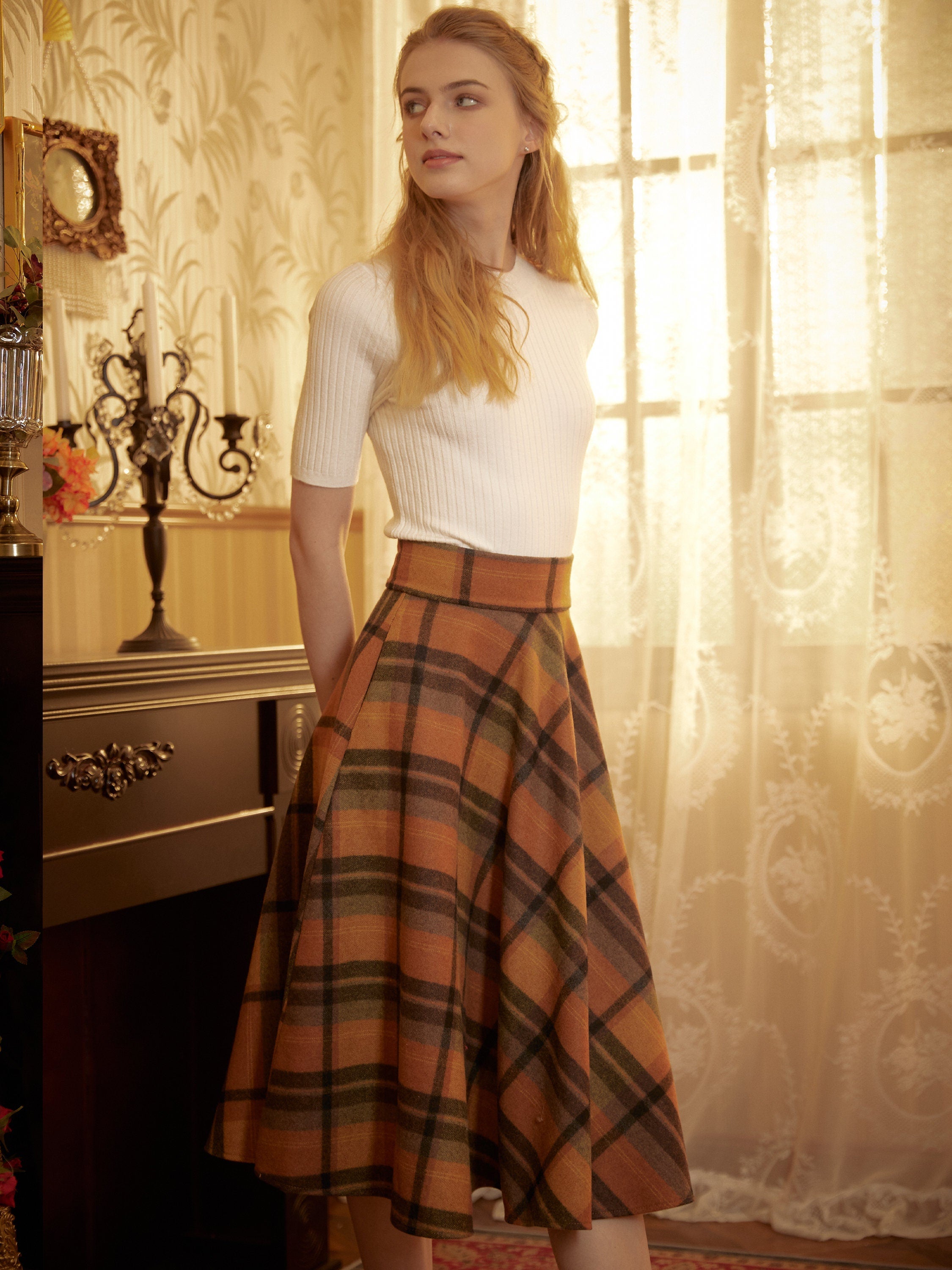 Orange plaid wool skirt with pockets