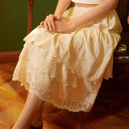 Half Slip Cotton Skirt Extender Tiered Lace Hem Underskirt Elastic waistband Romantic floral lace Petticoat Calf Length Skirt Ivory/Cream