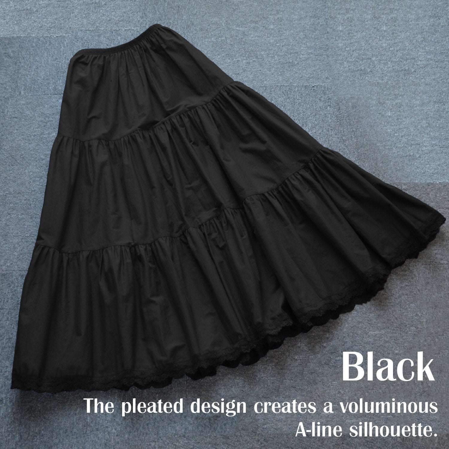 Petticoat Half Slip Cotton Woman Skirt Extender Crinoline Edged Lace A-line underskirt with Elastic waistband in three lengths Black