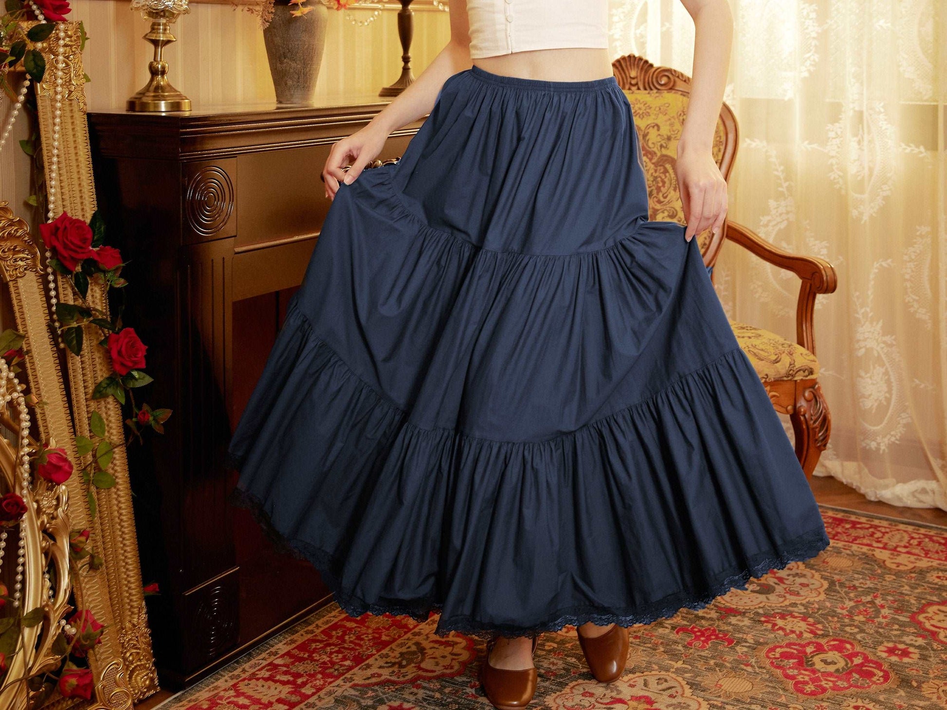 Petticoat Half Slip Cotton Woman Skirt Extender Crinoline Edged Lace A-line underskirt with Elastic waistband in three lengths Navy Blue