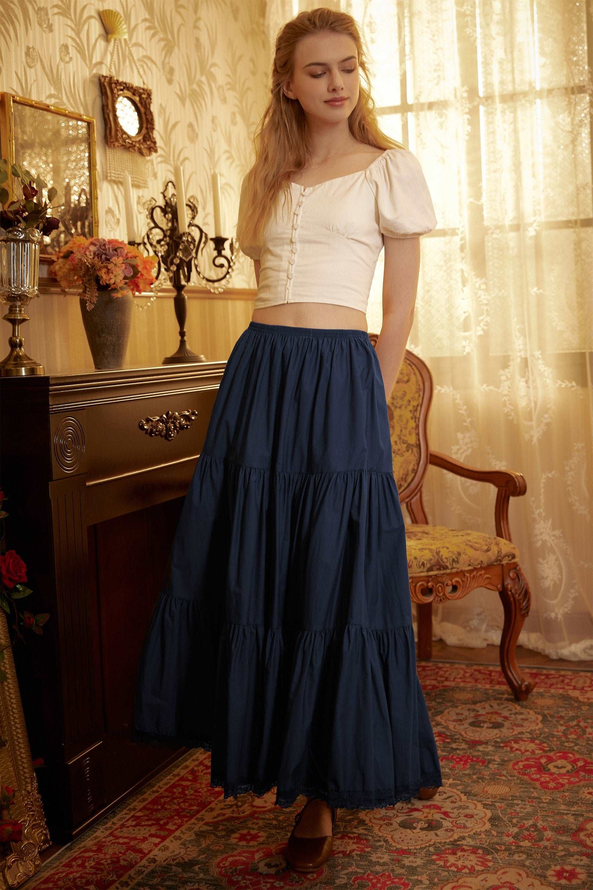 Petticoat Half Slip Cotton Woman Skirt Extender Crinoline Edged Lace A-line underskirt with Elastic waistband in three lengths Navy Blue