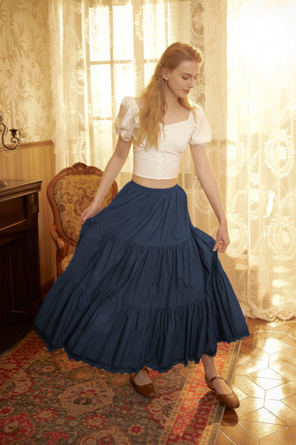 Petticoat Half Slip Cotton Woman Skirt Extender Crinoline Edged Lace A-line underskirt with Elastic waistband in three lengths Navy Blue