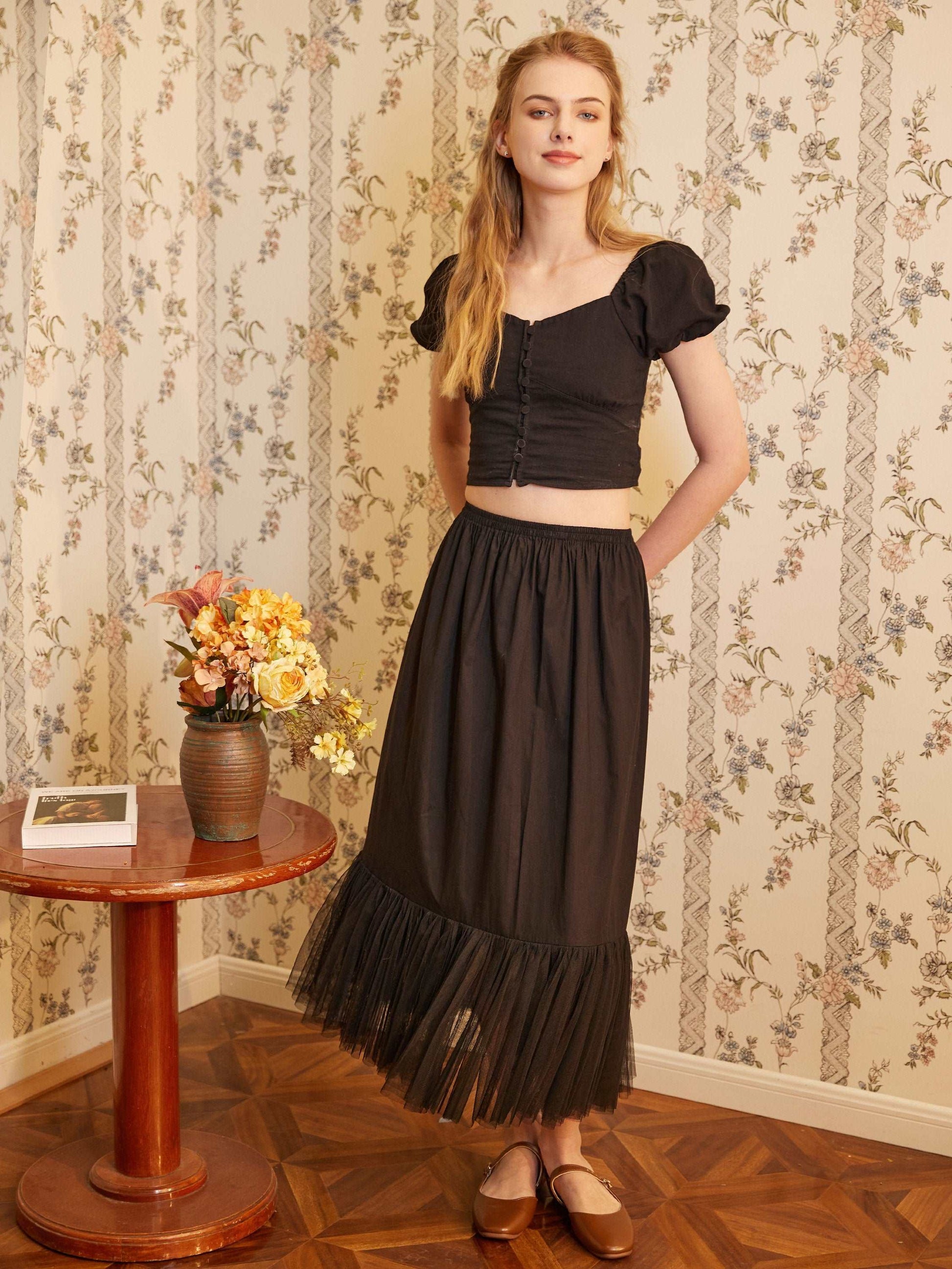 Half Slip Cotton Petticoat Skirt Extender with Pleated Mesh Hem Underskirt Under Dresses Black