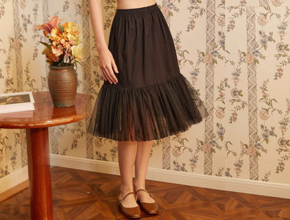 Half Slip Cotton Petticoat Skirt Extender with Pleated Mesh Hem Underskirt Under Dresses Black