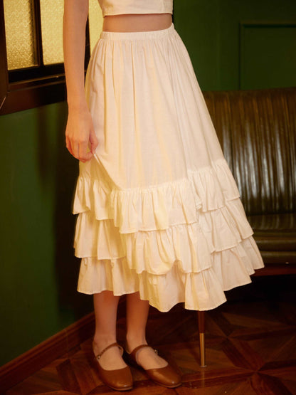 Petticoat Skirt Cotton Half Slip with Three Layers of Ruffles Skirt Extender Women Underskirt Ivory