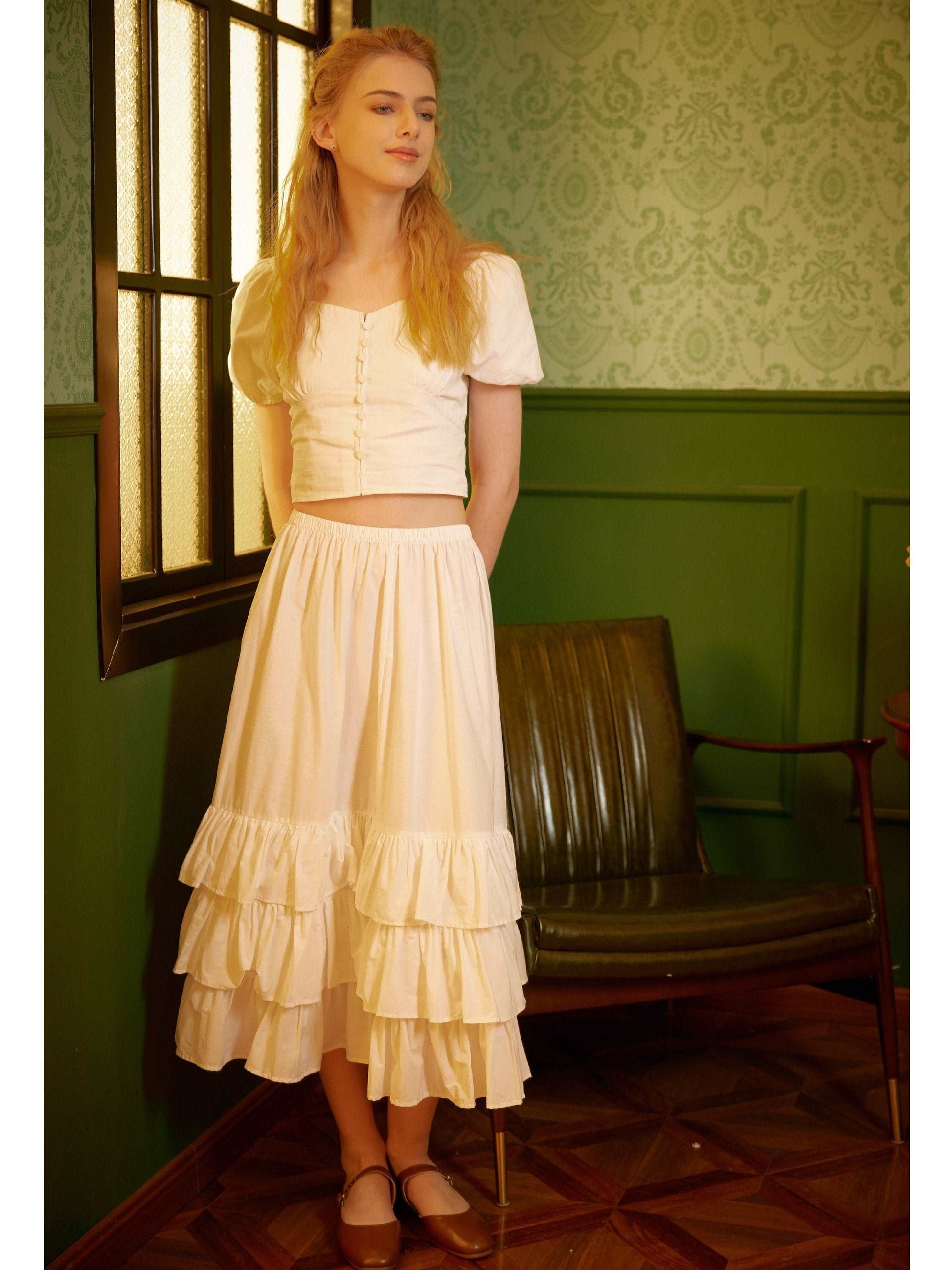 Petticoat Skirt Cotton Half Slip with Three Layers of Ruffles Skirt Extender Women Underskirt Ivory