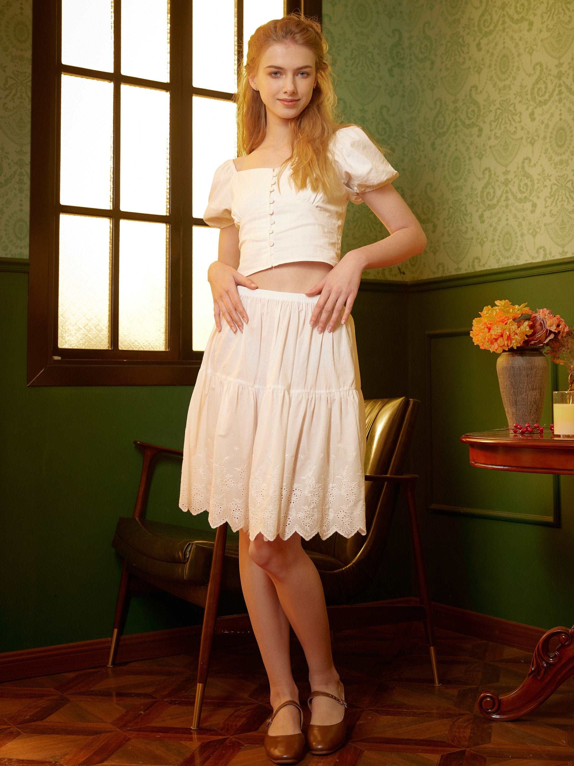 Petticoat Skirt 100% Cotton Half Slip Crinoline Skirt Extender Underskirt with Lace Embroidery Ivory/Black Knee Length