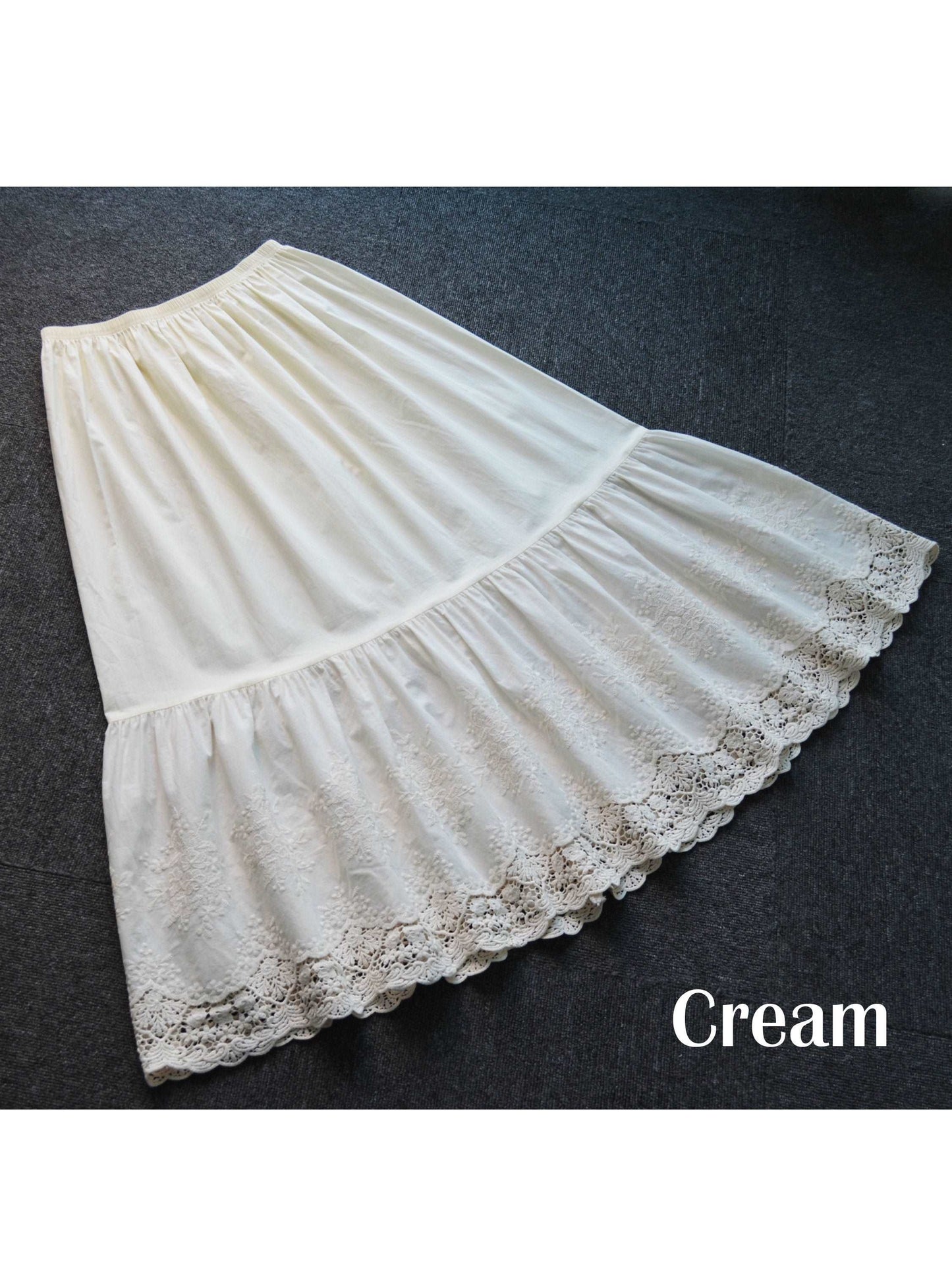 Petticoat Cotton Half Slip Women Skirt Extender with Embroidery Lace Hem Underskirt Elastic Waistband Ivory and Cream