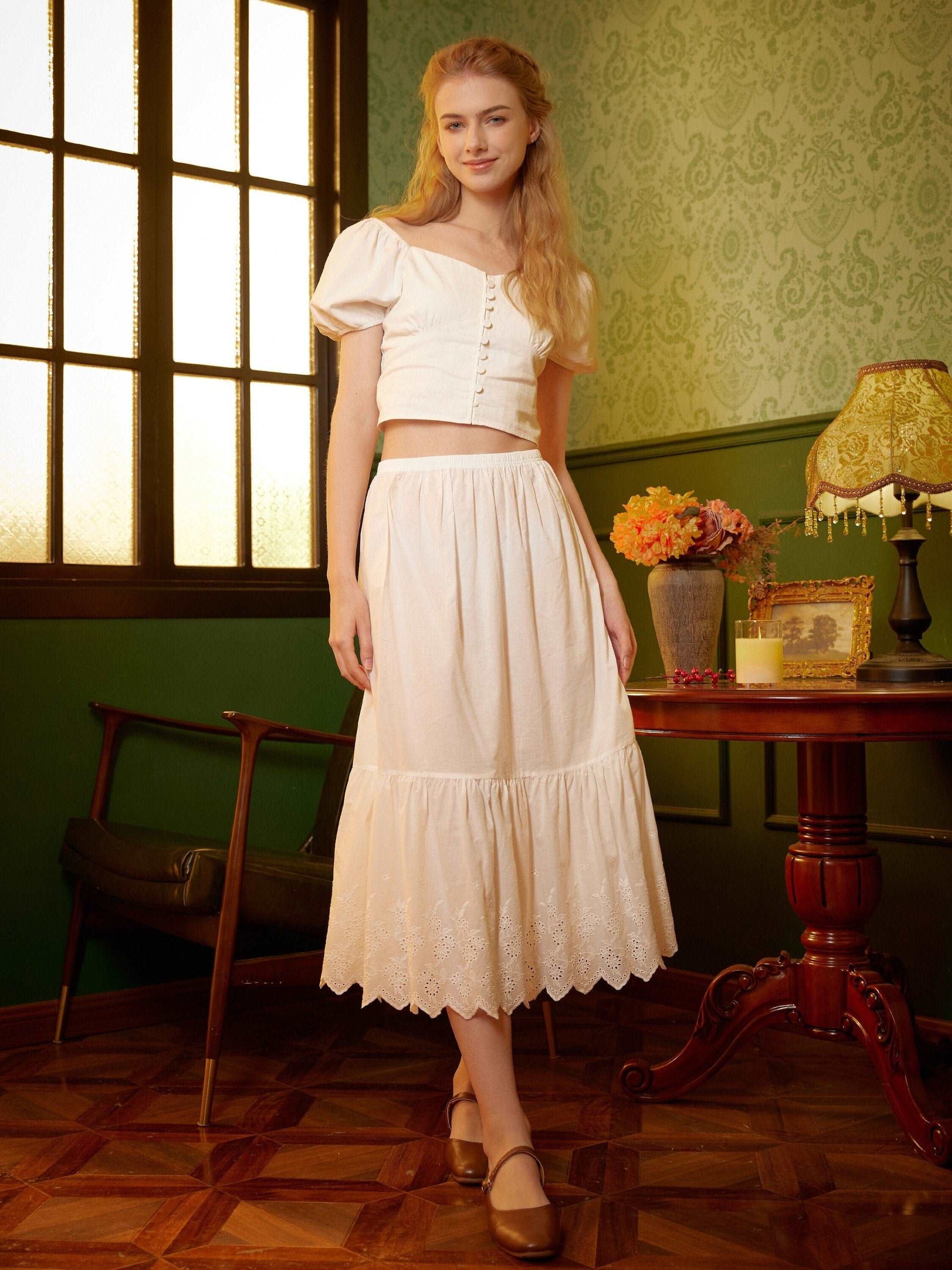 Petticoat Skirt 100% Cotton Half Slip Unterrock Crinoline Jupon Skirt Extender Underskirt with Lace Embroidery Ivory/Cream/Black