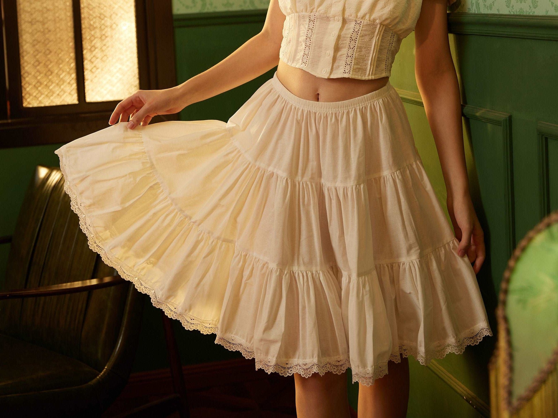 Petticoat Half Slip Cotton Woman Skirt Extender Crinoline Edged Lace A-line underskirt with Elastic waistband in three lengths Ivory