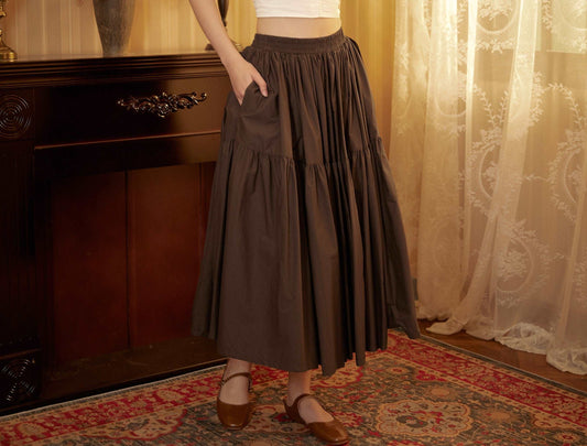 Brown Skirt Tiered Pocket Maxi Skirt Cotton Long Skirt Boho Pleated Skirt Flexible Waistband, Perfect for All Seasons