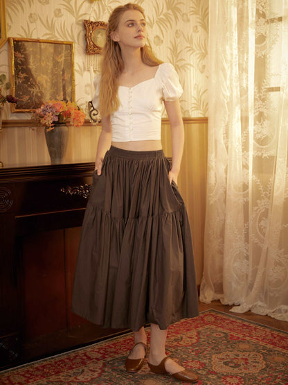 Brown Skirt Tiered Pocket Maxi Skirt Cotton Long Skirt Boho Pleated Skirt Flexible Waistband, Perfect for All Seasons