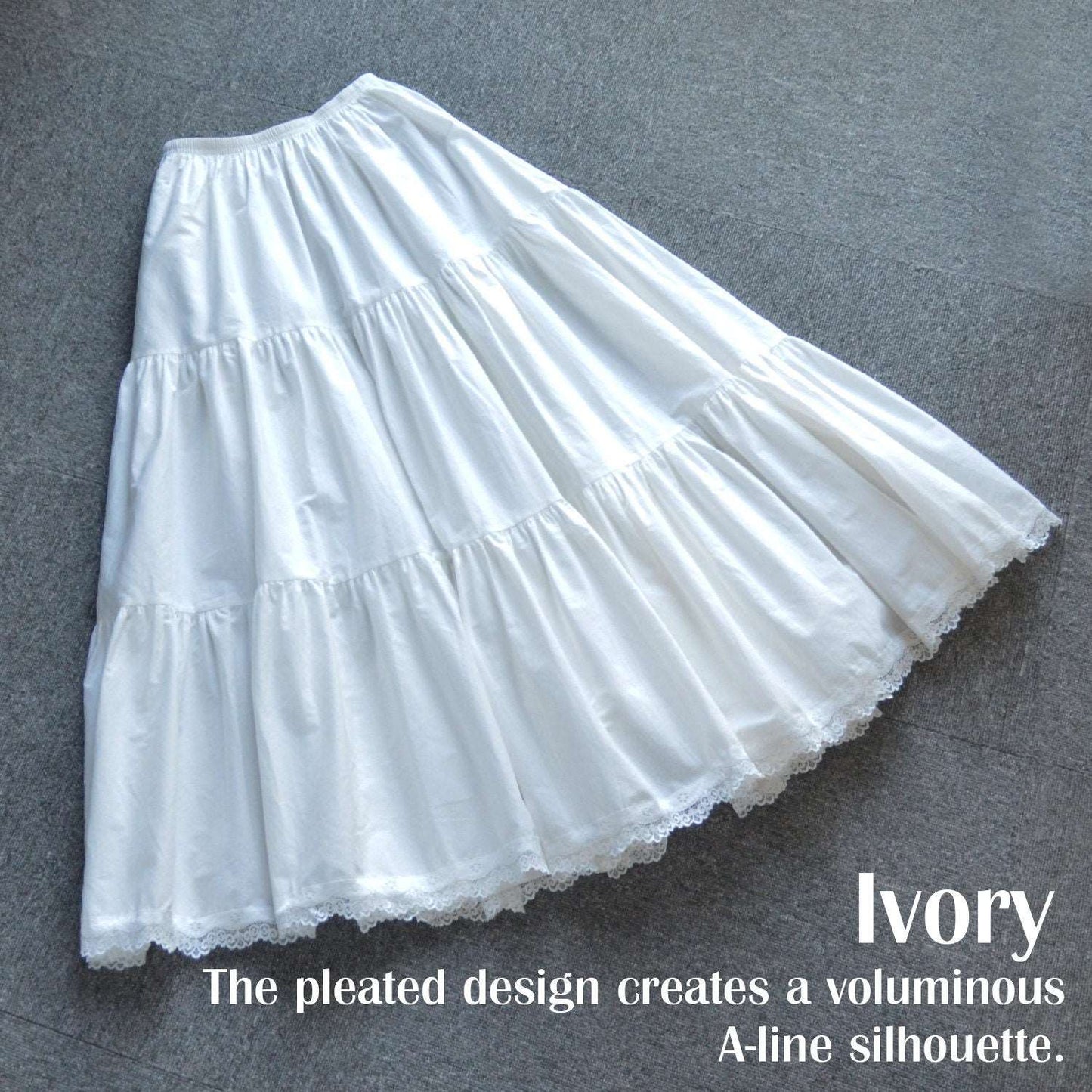 Petticoat Half Slip Cotton Woman Skirt Extender Crinoline Edged Lace A-line underskirt with Elastic waistband in three lengths Ivory