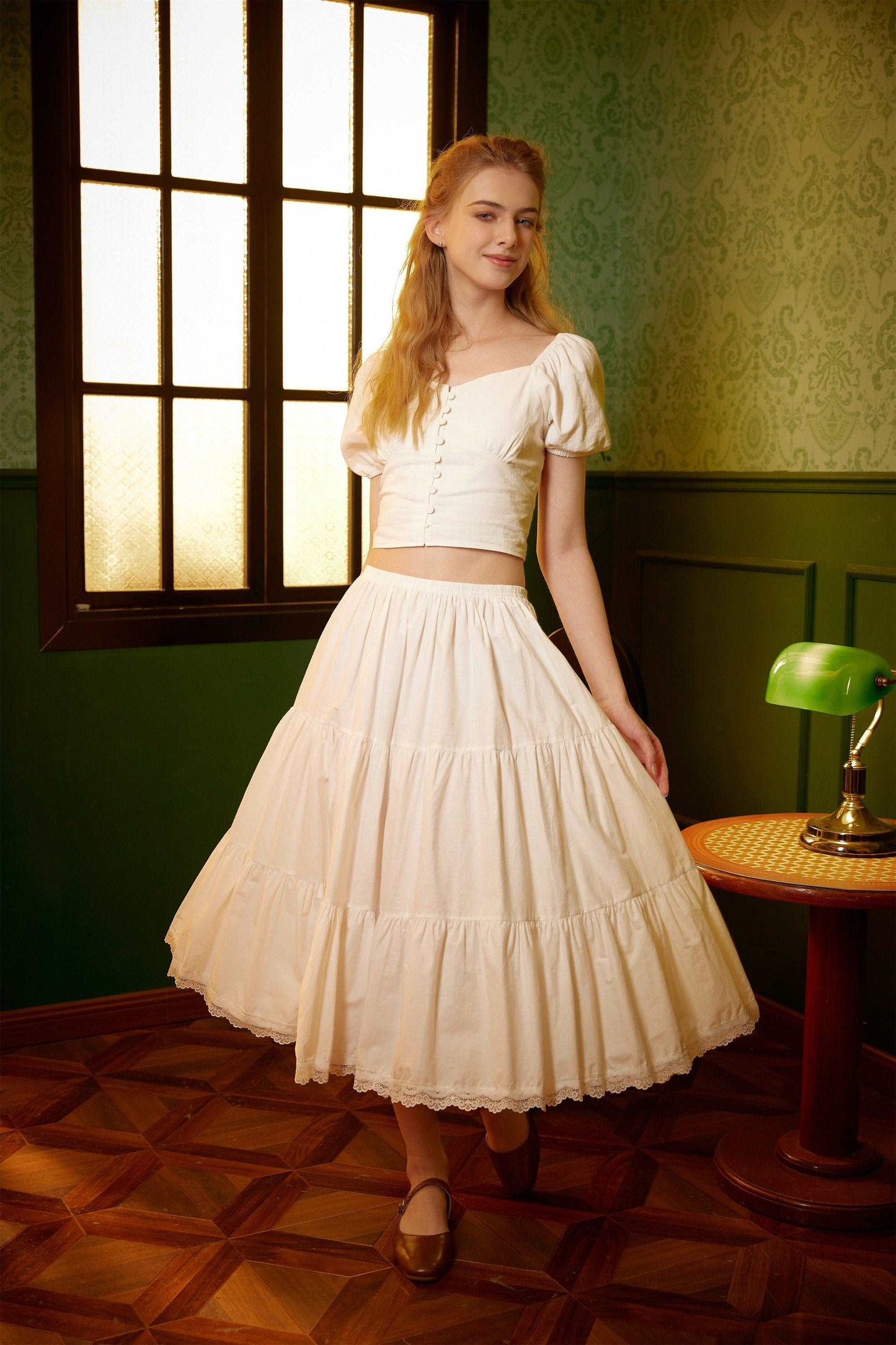 Petticoat Half Slip Cotton Woman Skirt Extender Crinoline Edged Lace A-line underskirt with Elastic waistband in three lengths Ivory