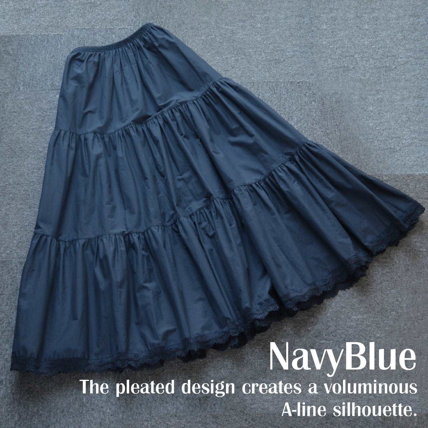 Petticoat Half Slip Cotton Woman Skirt Extender Crinoline Edged Lace A-line underskirt with Elastic waistband in three lengths Navy Blue