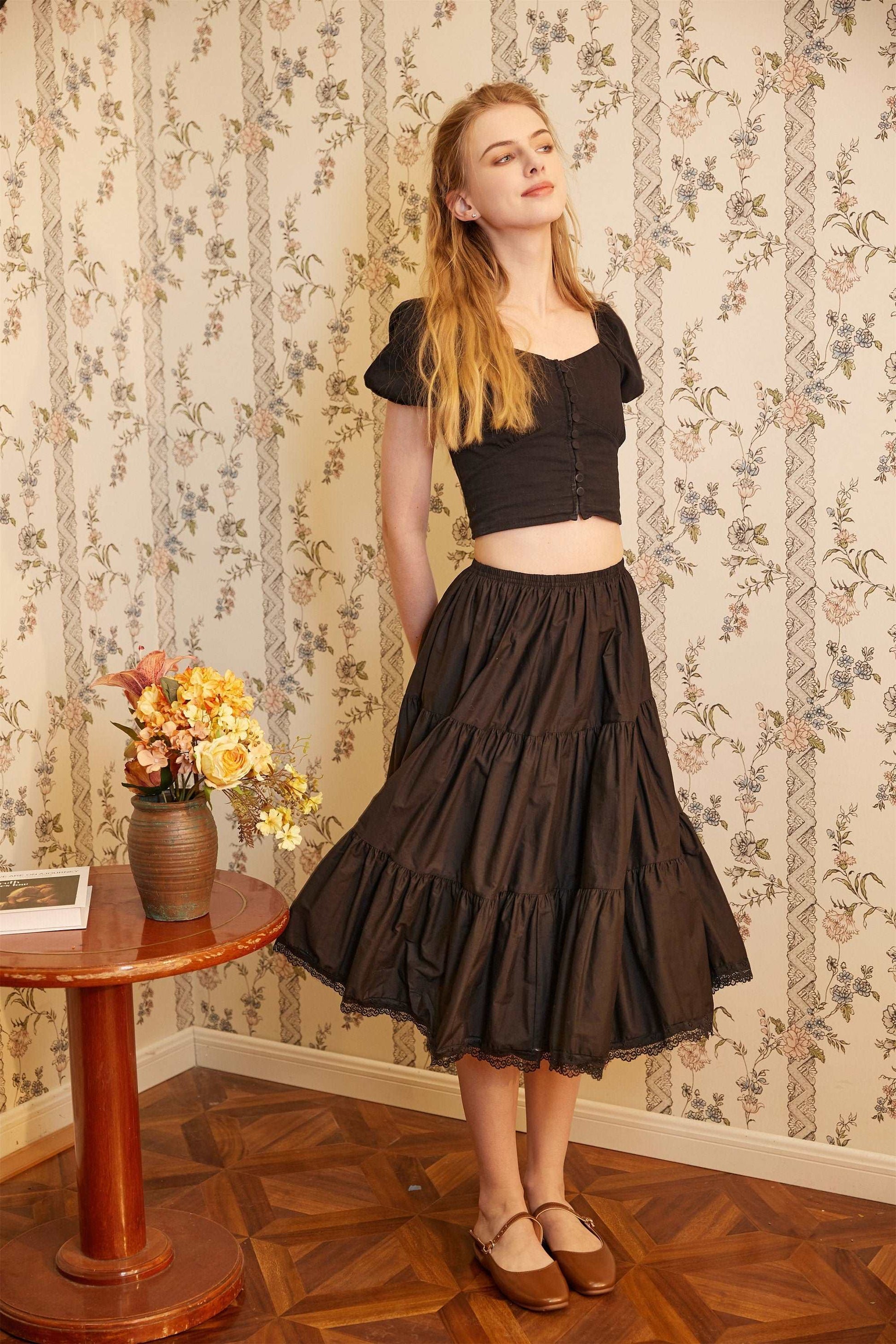 Petticoat Half Slip Cotton Woman Skirt Extender Crinoline Edged Lace A-line underskirt with Elastic waistband in three lengths Black