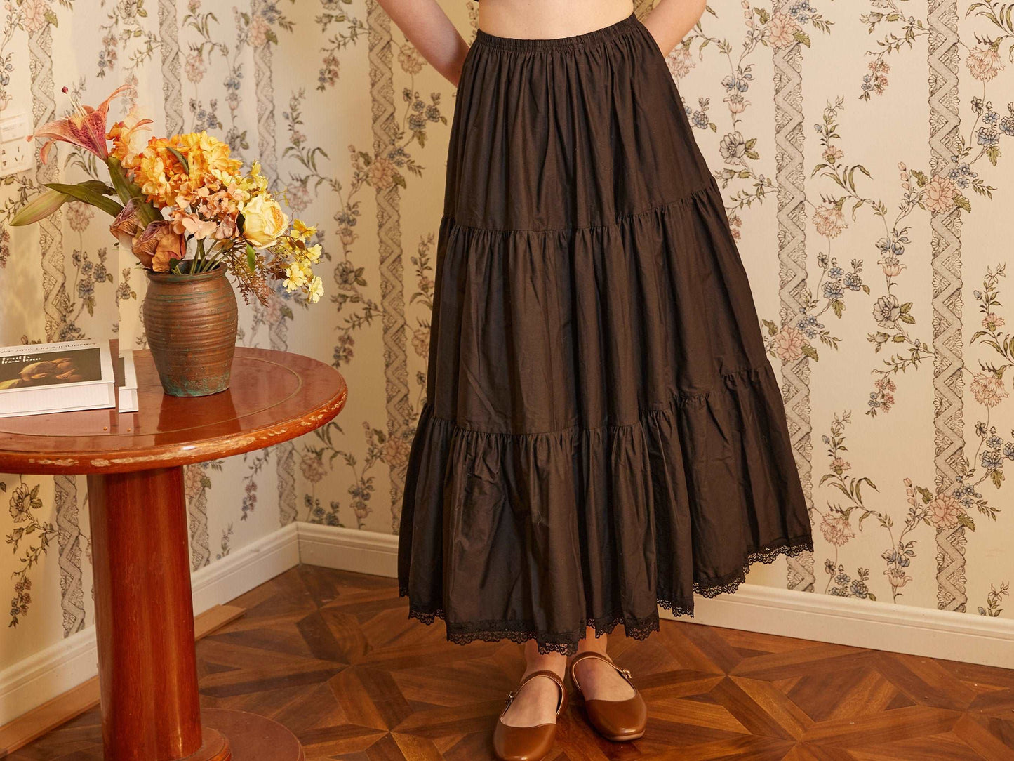 Petticoat Half Slip Cotton Woman Skirt Extender Crinoline Edged Lace A-line underskirt with Elastic waistband in three lengths Black