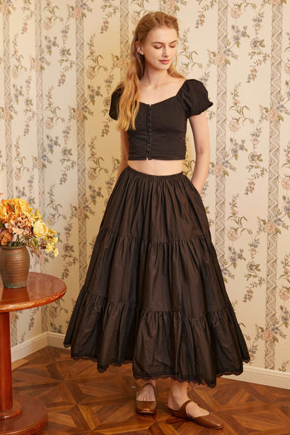 Petticoat Half Slip Cotton Woman Skirt Extender Crinoline Edged Lace A-line underskirt with Elastic waistband in three lengths Black