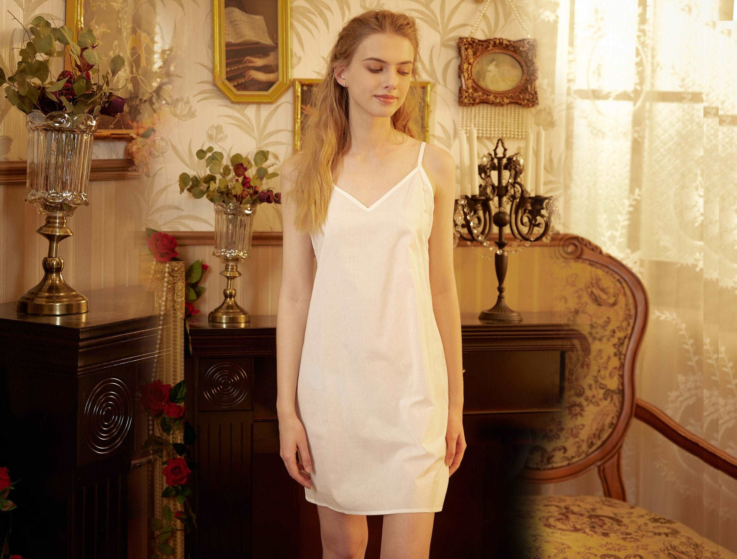 Cotton Slip Dress Sleepwear Full Slip Under Dress Skirt Extender Camisole Slips Petticoat Night Dress V Neck Above Knee