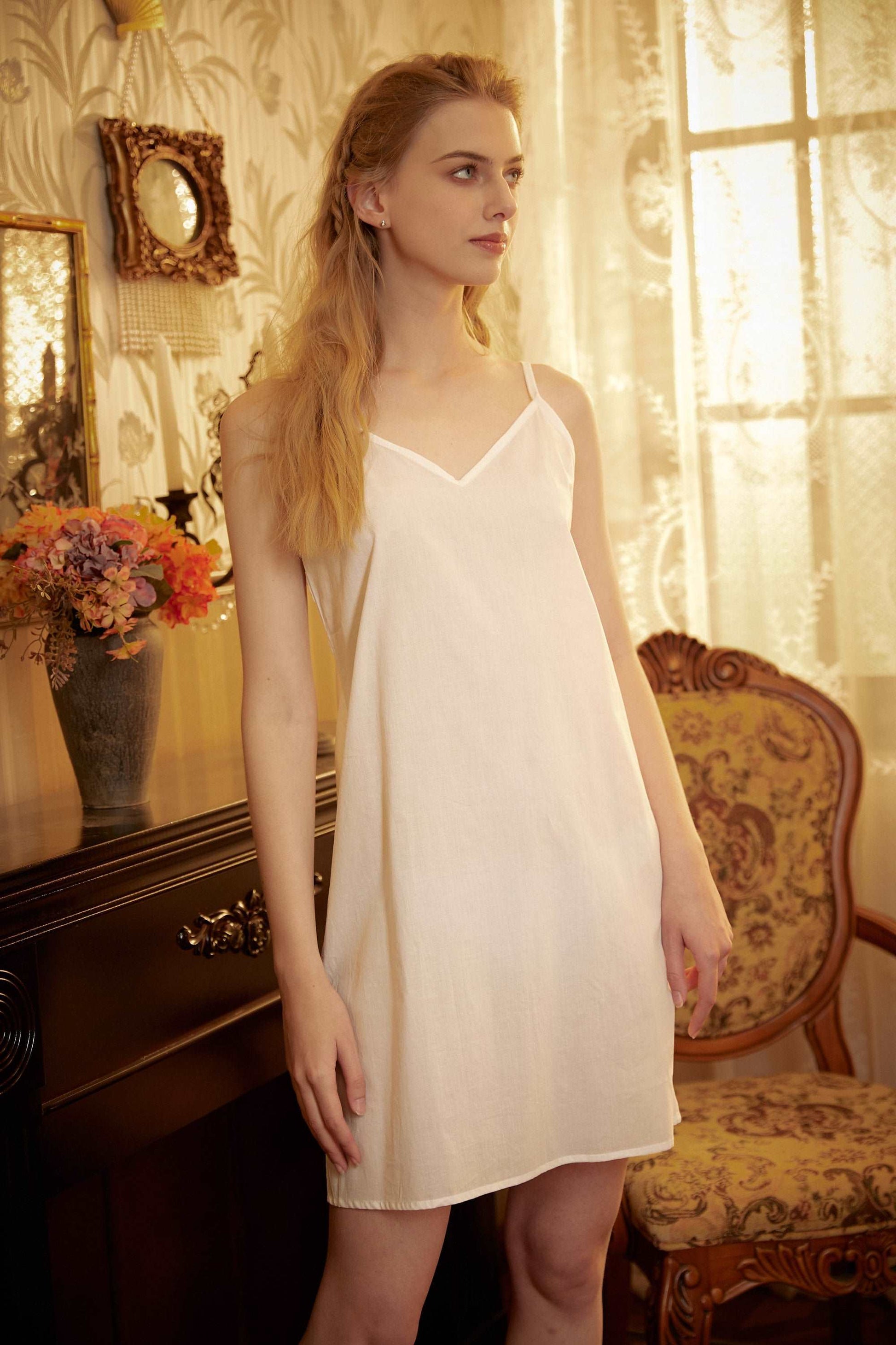 Cotton Slip Dress Sleepwear Full Slip Under Dress Skirt Extender Camisole Slips Petticoat Night Dress V Neck Above Knee