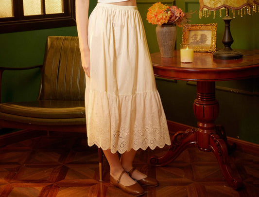 Petticoat Skirt 100% Cotton Half Slip Crinoline Jupon Skirt Extender Underskirt with Lace Embroidery Ivory/Cream/Black