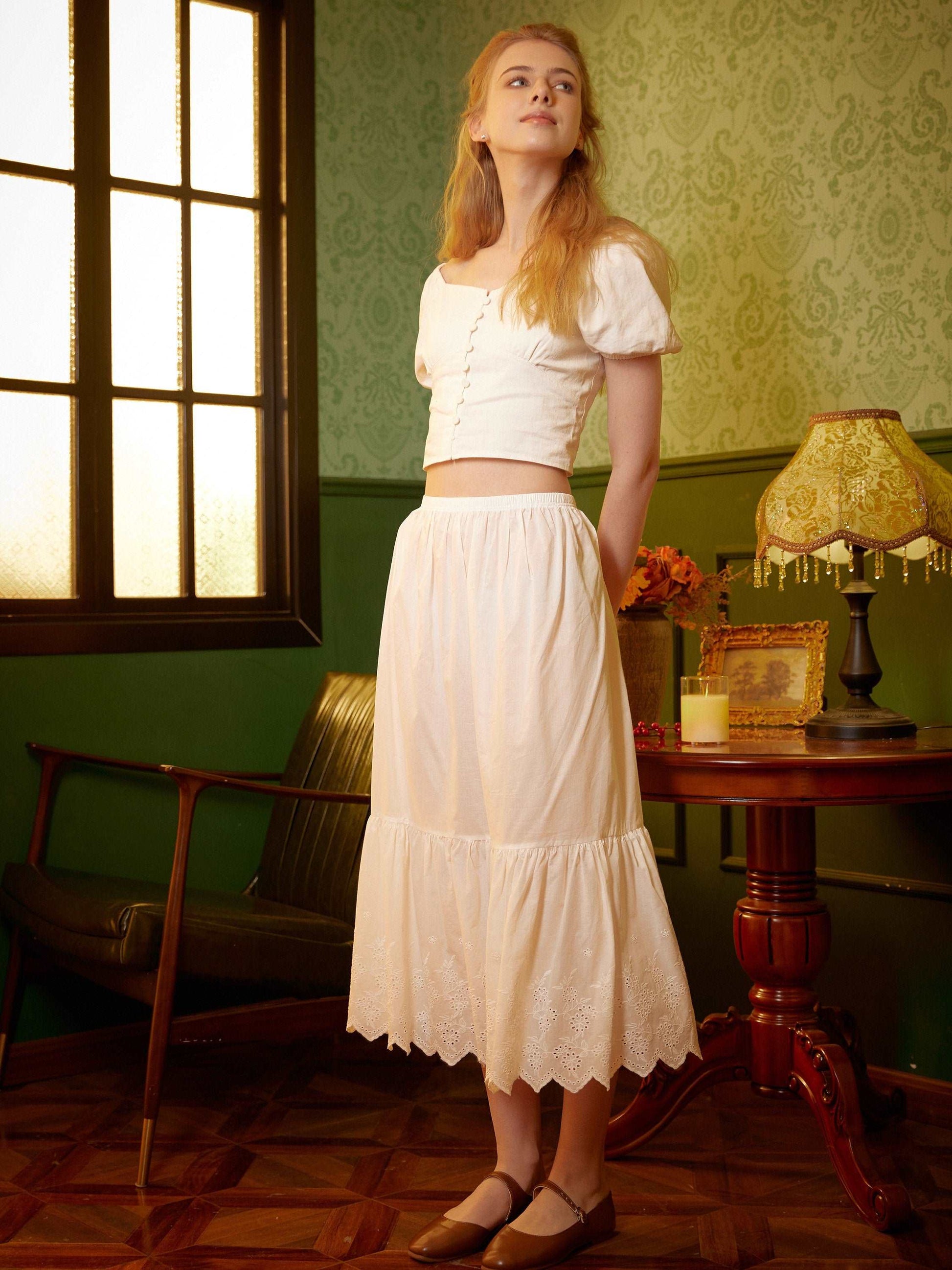 Petticoat Skirt 100% Cotton Half Slip Crinoline Jupon Skirt Extender Underskirt with Lace Embroidery Ivory/Cream/Black