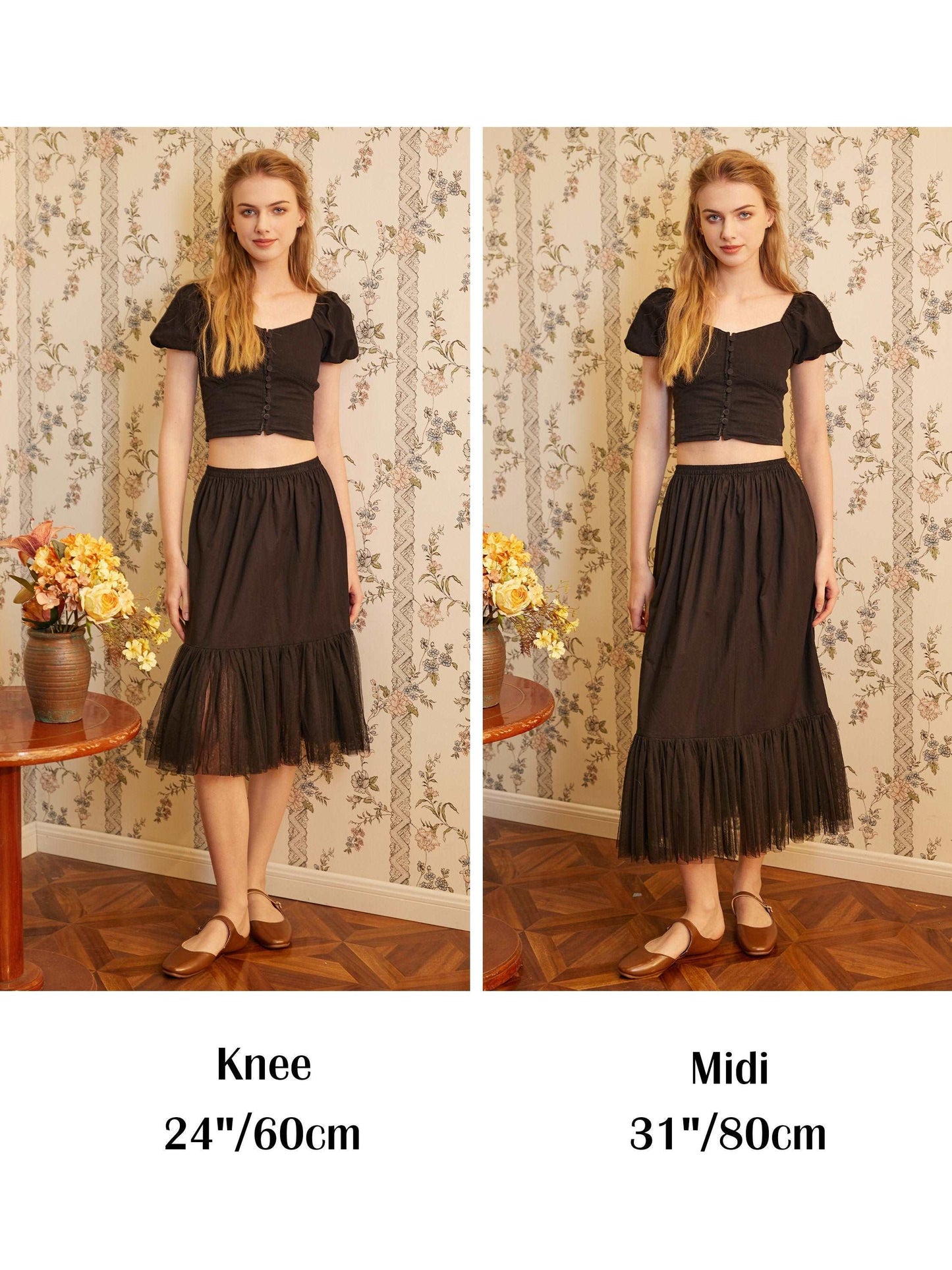 Half Slip Cotton Petticoat Skirt Extender with Pleated Mesh Hem Tulle Underskirt Under Dresses Ivory/Black