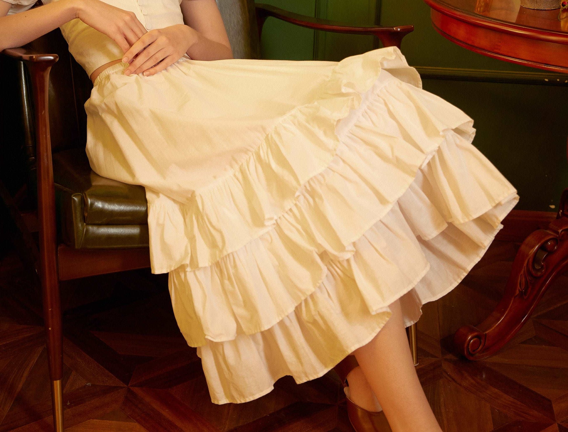 Petticoat Skirt Cotton Half Slip with Three Layers of Ruffles Skirt Extender Women Underskirt Ivory