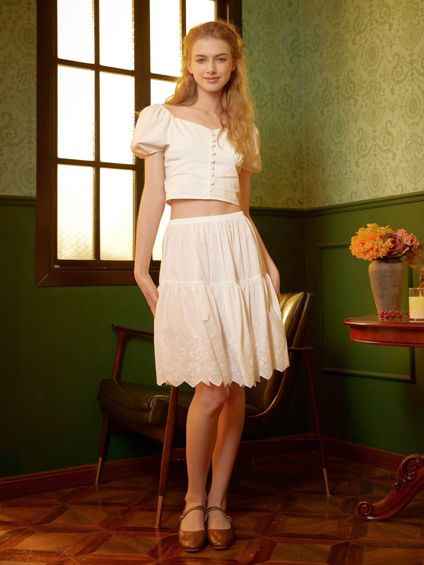 Petticoat Skirt 100% Cotton Half Slip Crinoline Skirt Extender Underskirt with Lace Embroidery Ivory/Black Knee Length