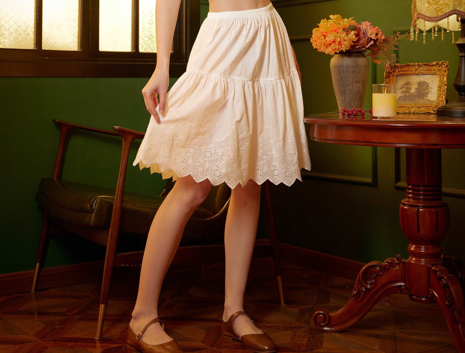 Petticoat Skirt 100% Cotton Half Slip Crinoline Skirt Extender Underskirt with Lace Embroidery Ivory/Black Knee Length