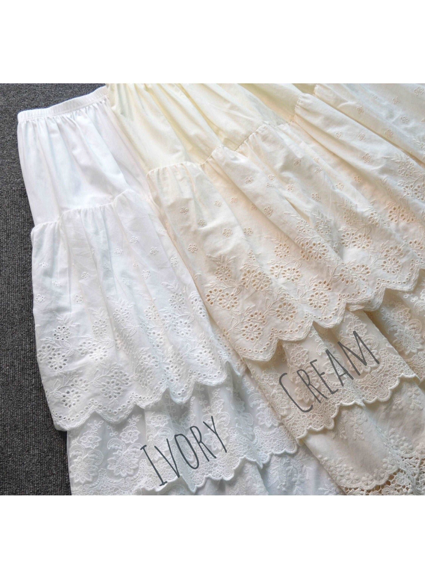 Half Slip Cotton Skirt Extender Tiered Lace Hem Underskirt Elastic waistband Romantic floral lace Petticoat Calf Length Skirt Ivory/Cream