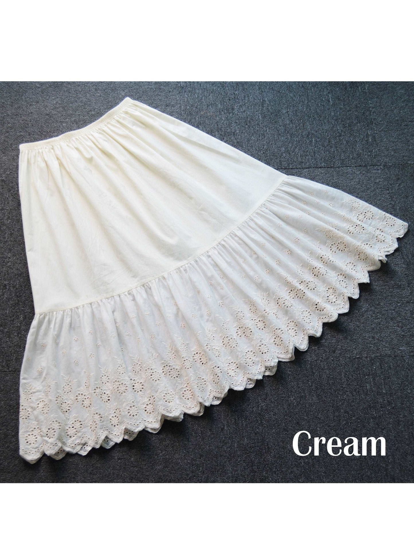 Petticoat Skirt 100% Cotton Half Slip Crinoline Jupon Skirt Extender Underskirt with Lace Embroidery Ivory/Cream/Black