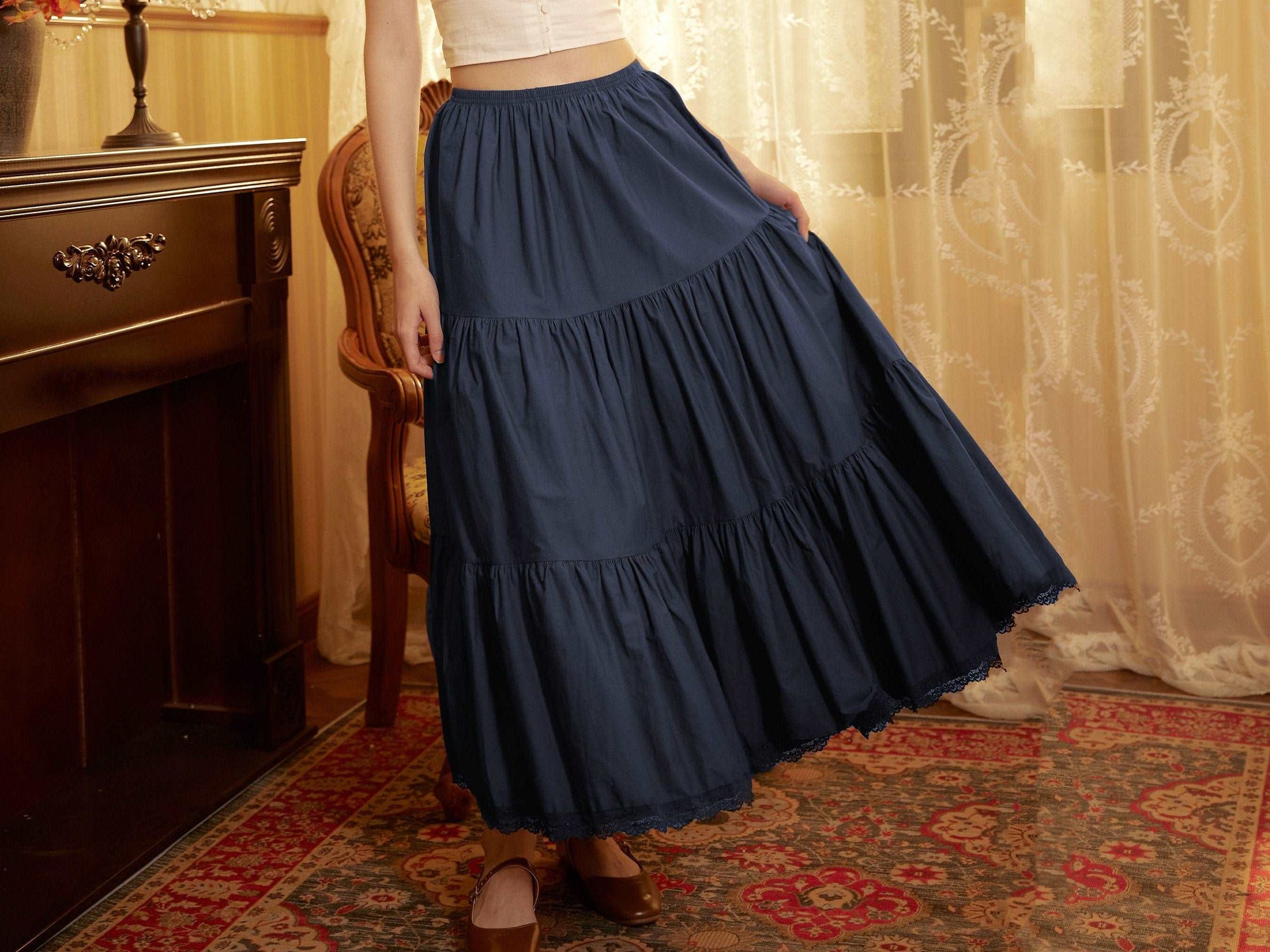 Petticoat Half Slip Cotton Woman Skirt Extender Crinoline Edged Lace A-line underskirt with Elastic waistband in three lengths Navy Blue