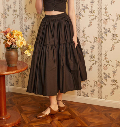 Brown Skirt Tiered Pocket Maxi Skirt Cotton Long Skirt Boho Pleated Skirt Flexible Waistband, Perfect for All Seasons