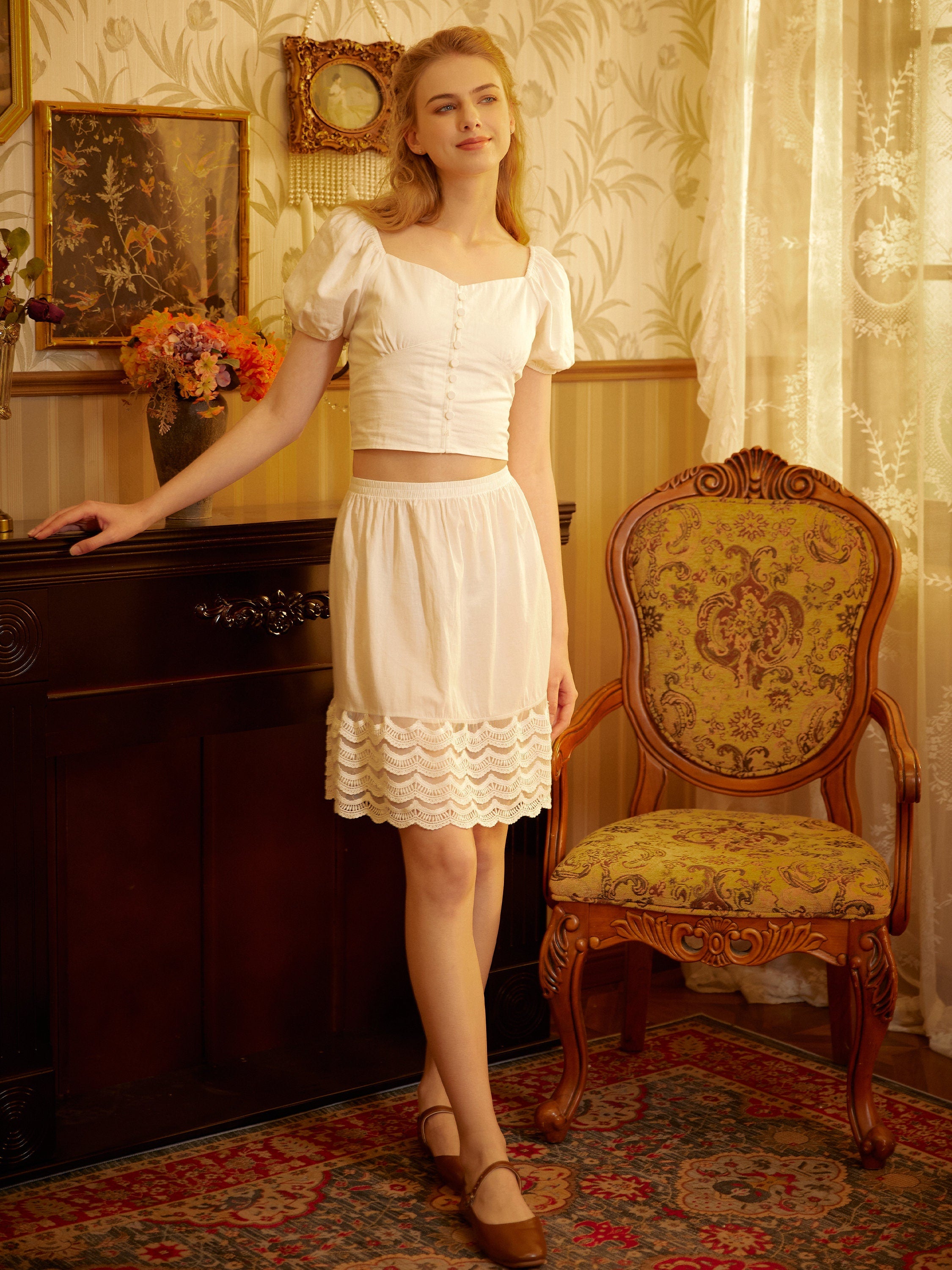 Skirt Extender Cotton Petticoat with Lace Trim Half Slip Vintage Inspired Underskirt Ivory