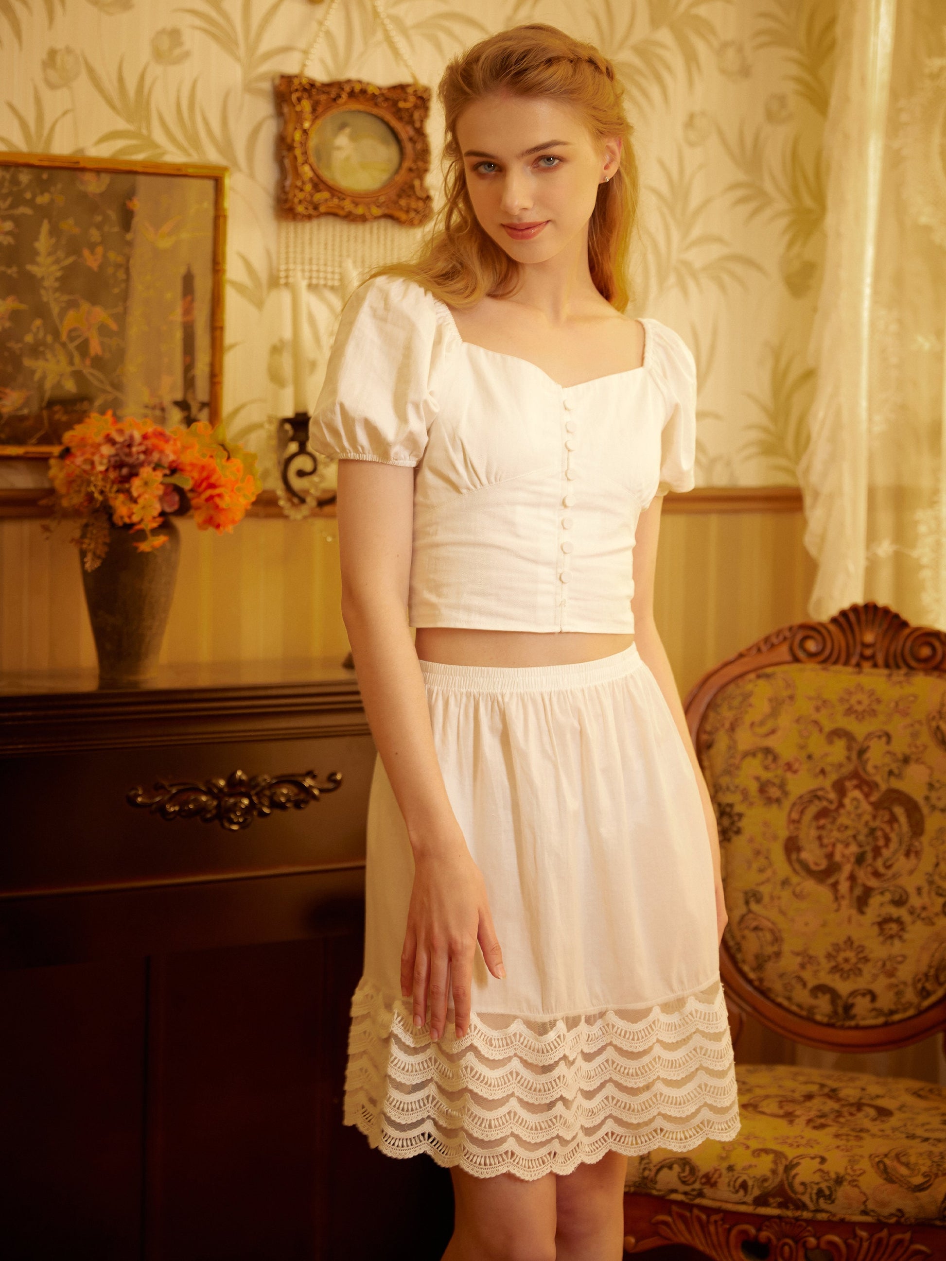 Skirt Extender Cotton Petticoat with Lace Trim Half Slip Vintage Inspired Underskirt Ivory