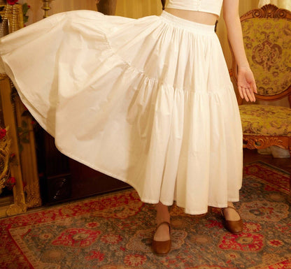 Tiered Pocket Maxi Skirt Cotton White Skirt Long Boho Pleated Skirt Flexible Waistband Versatile and Flattering, Perfect for All Seasons