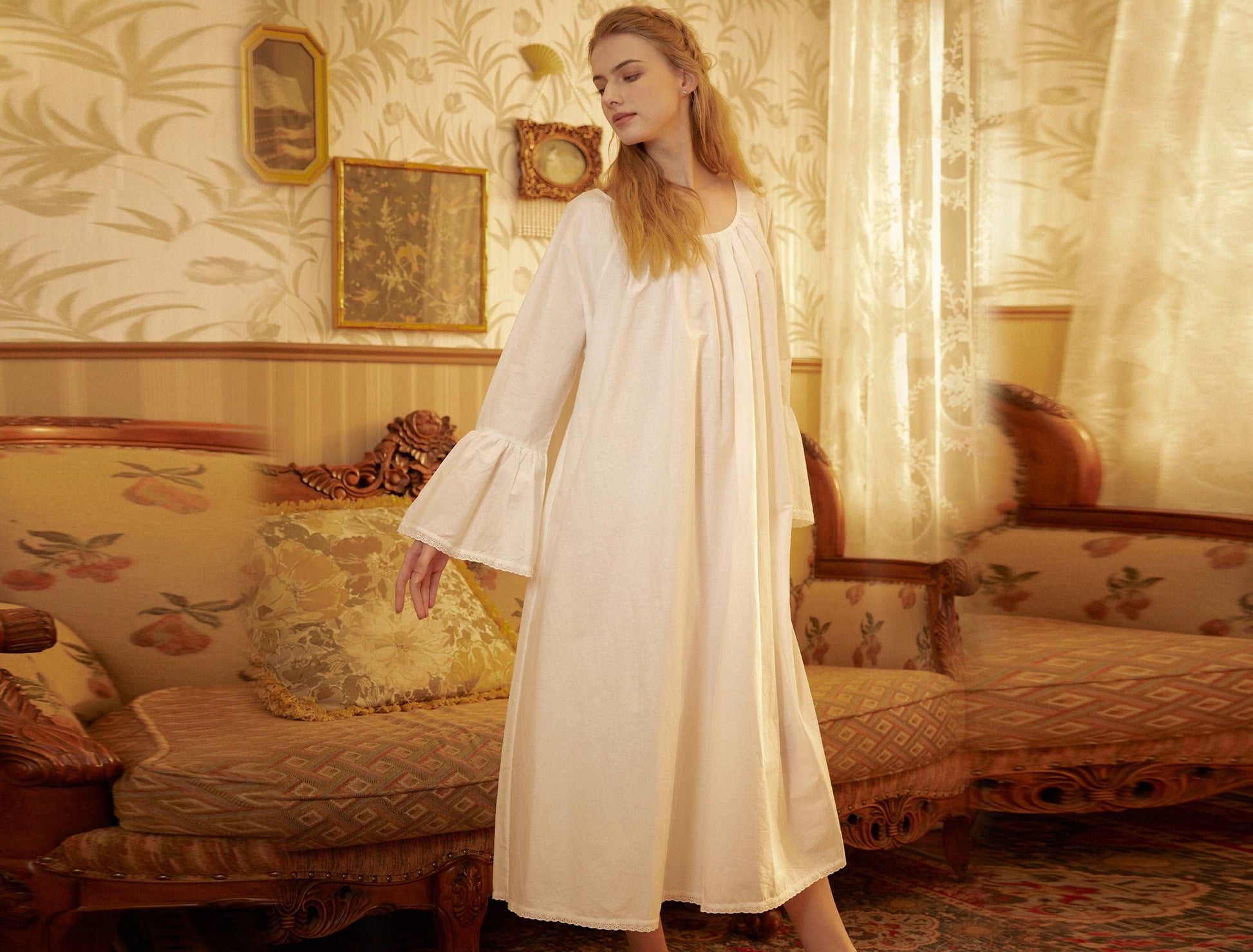 Nightgown Cotton for Women Victorian Nightgown Vintage Inspired Sleepwear Long Bell Sleeve Medieval nightgown Plus Size