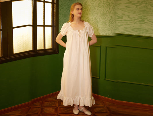 Ruffled Victorian Nightgown Vintage Inspired Summer Nightgown Loose White Long Sleepwear Ruffled Scoop Neckline Dress Elastic Sleeves