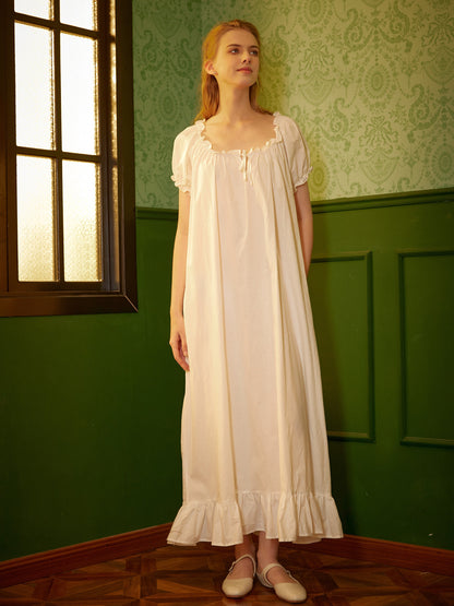 Ruffled Victorian Nightgown Vintage Inspired Summer Nightgown Loose White Long Sleepwear Ruffled Scoop Neckline Dress Elastic Sleeves