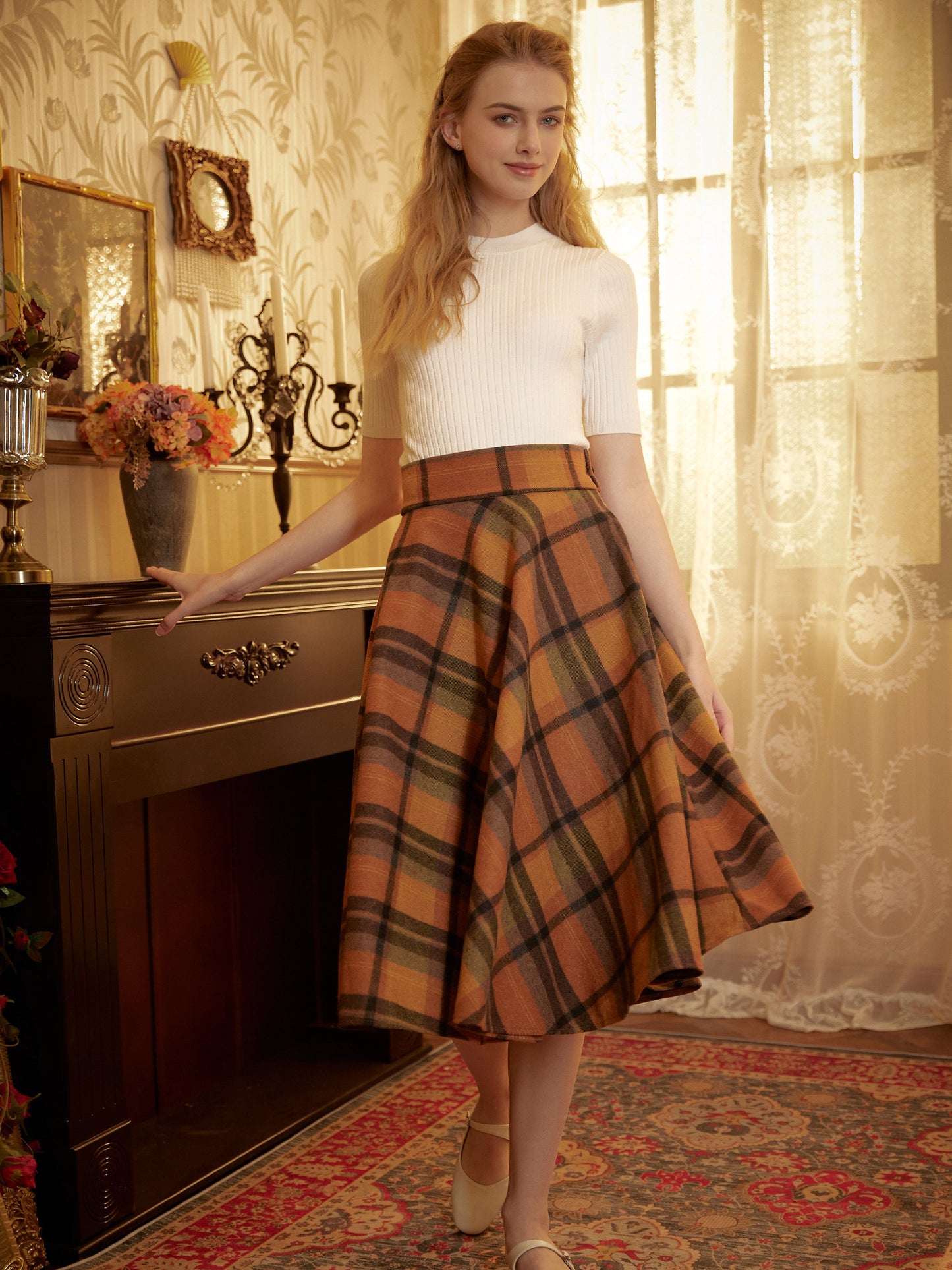 Wool Skirt Calf Length Full Plaid Skirt Vintage Inspired Flared Warm Tweed Wool High Waisted Fall Winter Orange Spring Skirt With Pockets