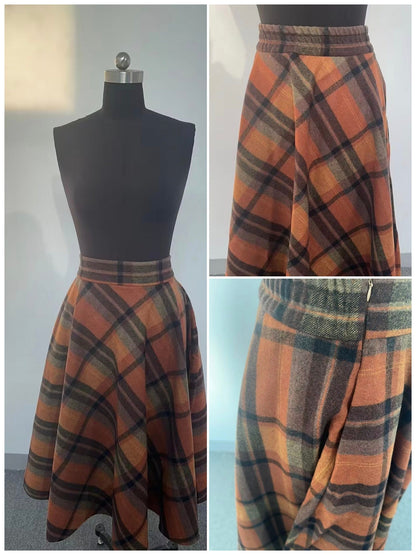 Wool Skirt Calf Length Full Plaid Skirt Vintage Inspired Flared Warm Tweed Wool High Waisted Fall Winter Orange Spring Skirt With Pockets