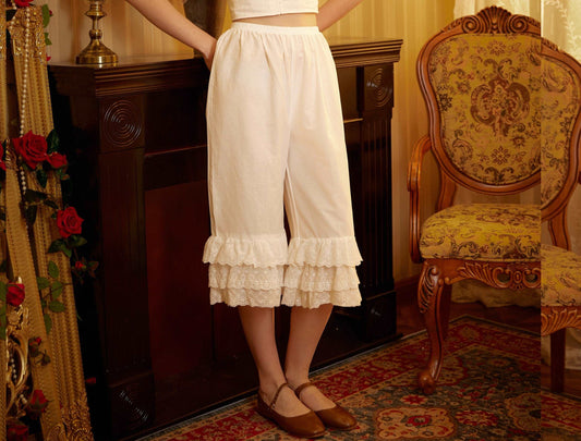 Cotton Bloomers Women Pantaloons Victorian Plus Size Bloomers Culottes Cropped Pants Loungewear Pettipants with Tiered Lace Edge